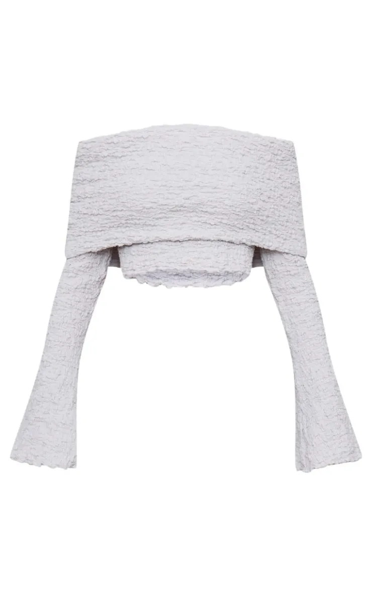 Sale PrettyLittleThing Textured Fold Over Long Sleeve Top Light Grey