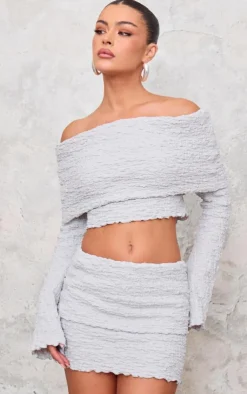 Online PrettyLittleThing Textured Fold Over Mini Skirt Light Grey