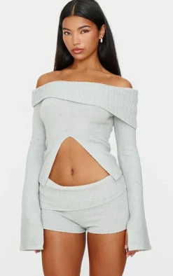 Sale PrettyLittleThing Light Grey Textured Knit Cut Out Foldover Bardot Top Charcoal