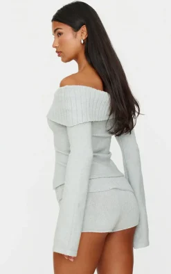Sale PrettyLittleThing Light Grey Textured Knit Cut Out Foldover Bardot Top Charcoal