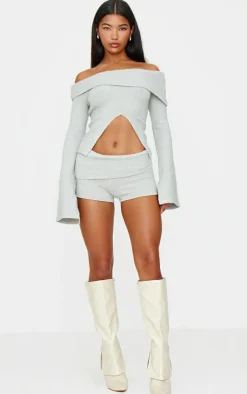 Sale PrettyLittleThing Light Grey Textured Knit Cut Out Foldover Bardot Top Charcoal