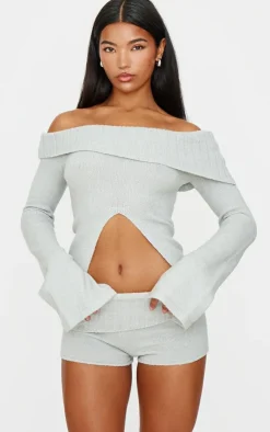 Sale PrettyLittleThing Light Grey Textured Knit Cut Out Foldover Bardot Top Charcoal