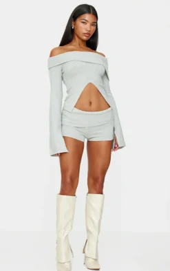 PrettyLittleThing Light Grey Textured Knit Foldover Shorts Charcoal