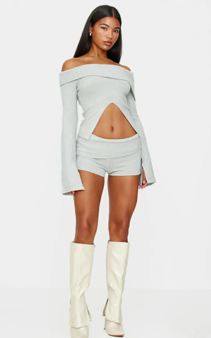 PrettyLittleThing Light Grey Textured Knit Foldover Shorts Charcoal