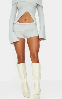 PrettyLittleThing Light Grey Textured Knit Foldover Shorts Charcoal