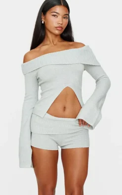 PrettyLittleThing Light Grey Textured Knit Foldover Shorts Charcoal