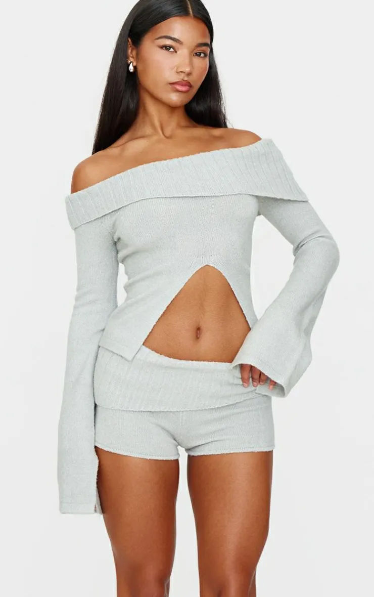 PrettyLittleThing Light Grey Textured Knit Foldover Shorts Charcoal
