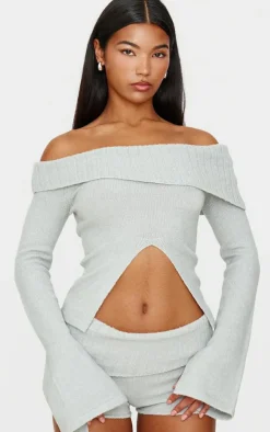 PrettyLittleThing Light Grey Textured Knit Foldover Shorts Charcoal