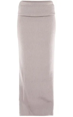 Light Grey Thick Brushed Rib Fold Over Waist Maxi Skirt