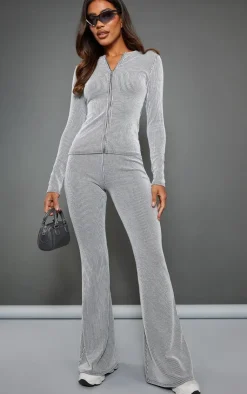 Best PrettyLittleThing Light Grey Two Tone Rib High Waist Flares Moss Grey