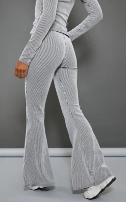 Best PrettyLittleThing Light Grey Two Tone Rib High Waist Flares Moss Grey