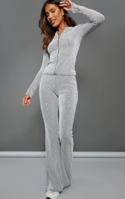 Hot PrettyLittleThing Light Grey Two Tone Rib Longline Zip Up Top Moss Grey