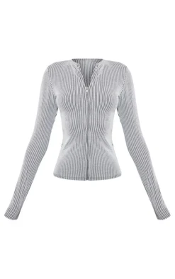Hot PrettyLittleThing Light Grey Two Tone Rib Longline Zip Up Top Moss Grey