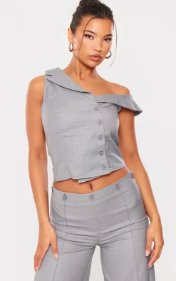 Clearance PrettyLittleThing Woven Asymmetric Button Up Tailored Top Light Grey