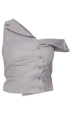 Clearance PrettyLittleThing Woven Asymmetric Button Up Tailored Top Light Grey