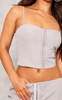 Best PrettyLittleThing Light Grey Woven Hook & Eye Fastening Strappy Corset Pale Blue