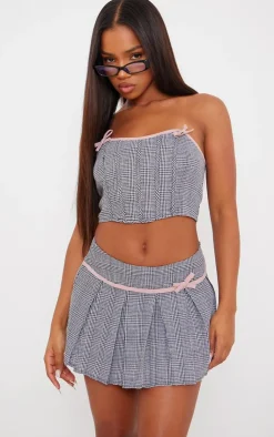 Sale PrettyLittleThing Woven Houndstooth Bow Boned Corset Light Grey