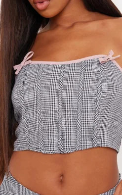 Sale PrettyLittleThing Woven Houndstooth Bow Boned Corset Light Grey