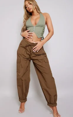 Light Khaki Cargo Lace Up Side Zip Up Crop Top