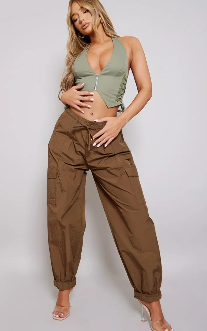 Light Khaki Cargo Lace Up Side Zip Up Crop Top