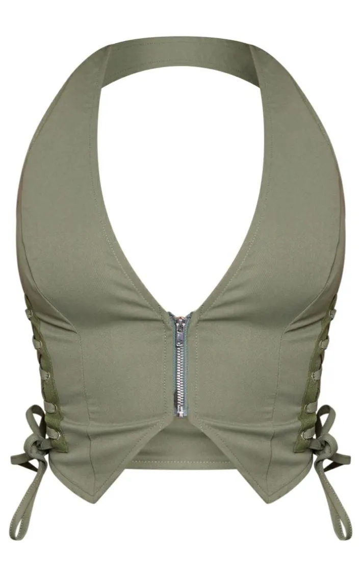 Light Khaki Cargo Lace Up Side Zip Up Crop Top