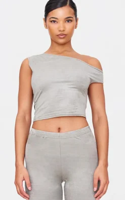 Online PrettyLittleThing Faux Suede Asymmetric Crop Top Light Khaki