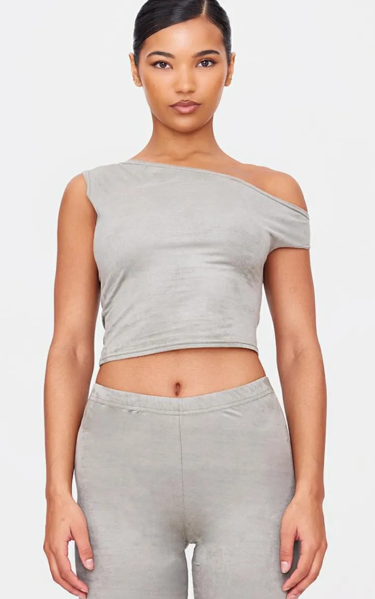 Online PrettyLittleThing Faux Suede Asymmetric Crop Top Light Khaki