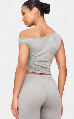 Online PrettyLittleThing Faux Suede Asymmetric Crop Top Light Khaki