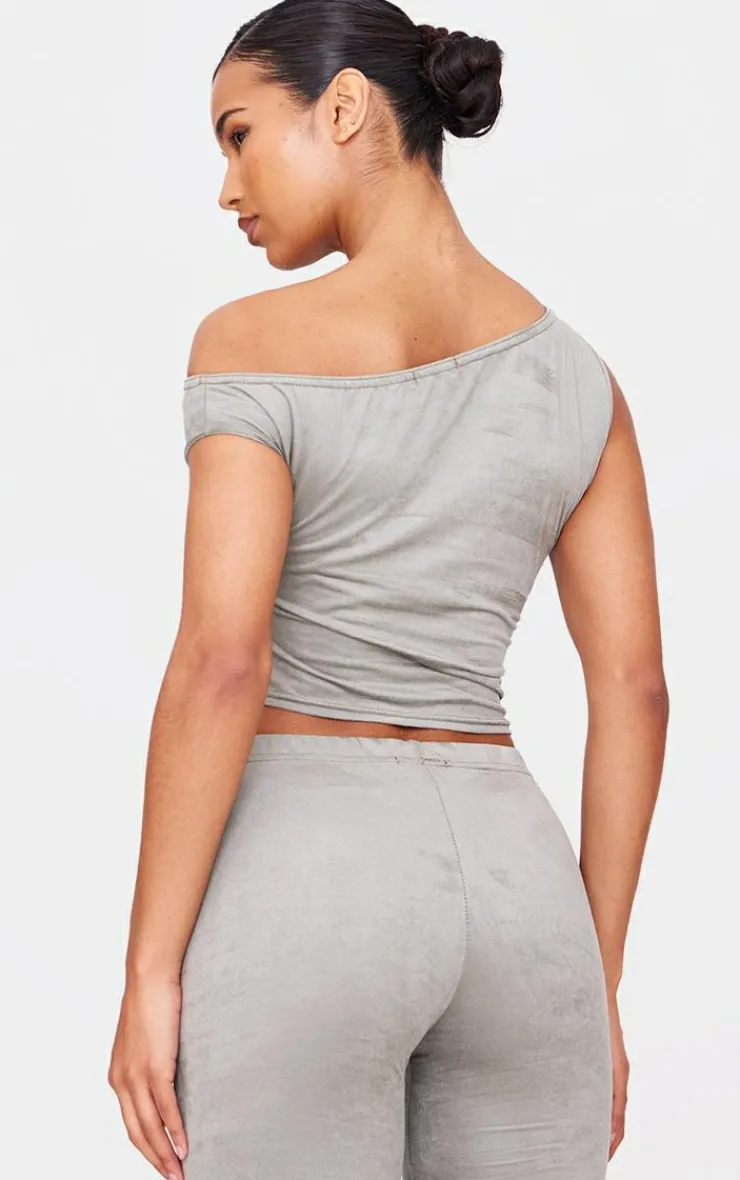 Online PrettyLittleThing Faux Suede Asymmetric Crop Top Light Khaki