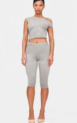 Online PrettyLittleThing Faux Suede Asymmetric Crop Top Light Khaki