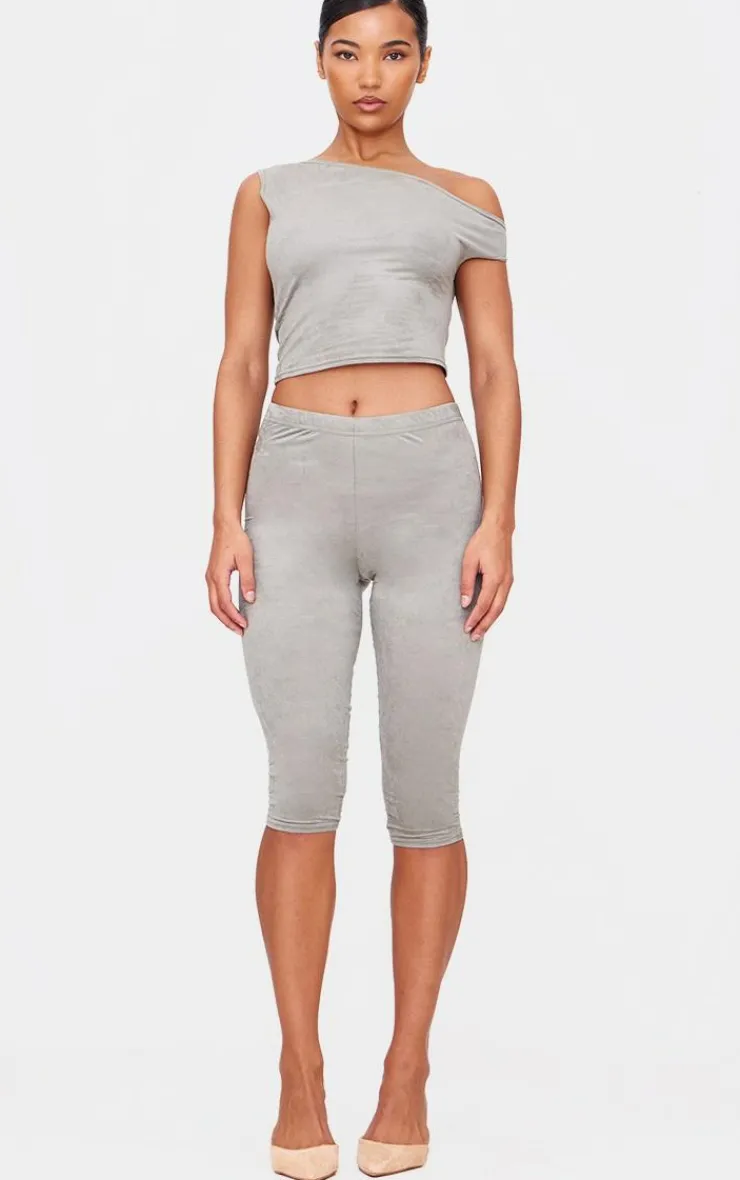 Online PrettyLittleThing Faux Suede Asymmetric Crop Top Light Khaki