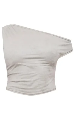 Online PrettyLittleThing Faux Suede Asymmetric Crop Top Light Khaki