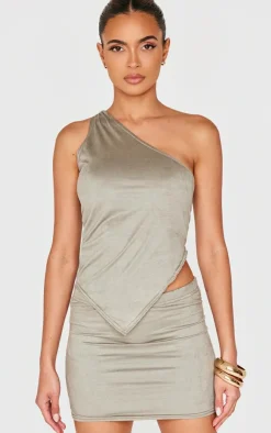 Discount PrettyLittleThing Faux Suede Twist Detail One Shoulder Top Light Khaki