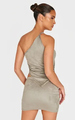 Discount PrettyLittleThing Faux Suede Twist Detail One Shoulder Top Light Khaki