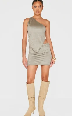Discount PrettyLittleThing Faux Suede Twist Detail One Shoulder Top Light Khaki