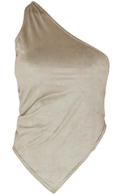 Discount PrettyLittleThing Faux Suede Twist Detail One Shoulder Top Light Khaki