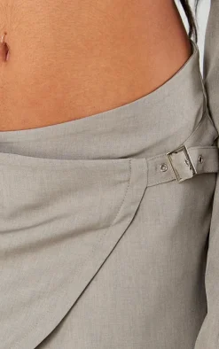 Outlet PrettyLittleThing Tailored Buckle Detail Wrap Micro Mini Skirt Light Khaki