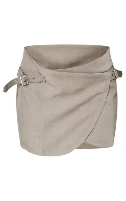 Outlet PrettyLittleThing Tailored Buckle Detail Wrap Micro Mini Skirt Light Khaki