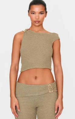Discount PrettyLittleThing Textured Trim Detail Off The Shoulder Crop Top Light Khaki