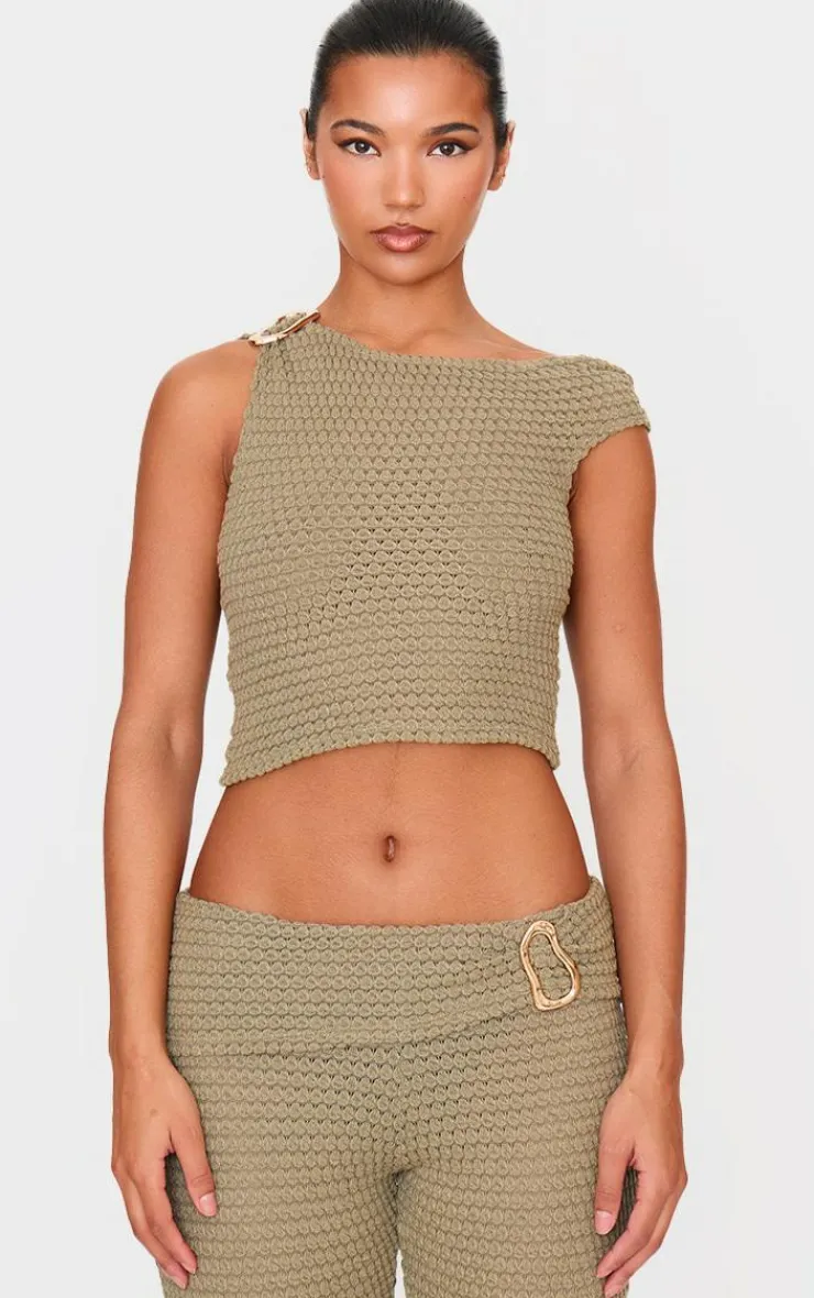 Discount PrettyLittleThing Textured Trim Detail Off The Shoulder Crop Top Light Khaki