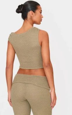 Discount PrettyLittleThing Textured Trim Detail Off The Shoulder Crop Top Light Khaki