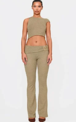 Discount PrettyLittleThing Textured Trim Detail Off The Shoulder Crop Top Light Khaki