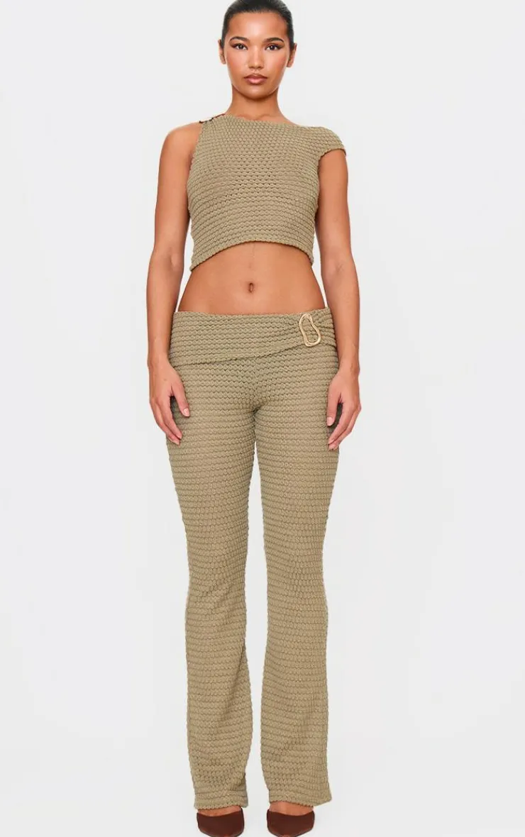 Discount PrettyLittleThing Textured Trim Detail Off The Shoulder Crop Top Light Khaki