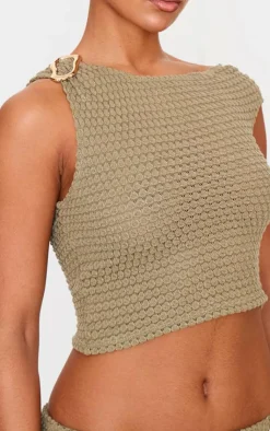 Discount PrettyLittleThing Textured Trim Detail Off The Shoulder Crop Top Light Khaki