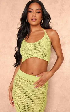 Clearance PrettyLittleThing Crochet Plain Knit Halterneck Crop Top Light Lime