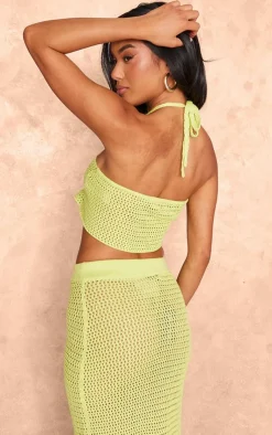 Clearance PrettyLittleThing Crochet Plain Knit Halterneck Crop Top Light Lime