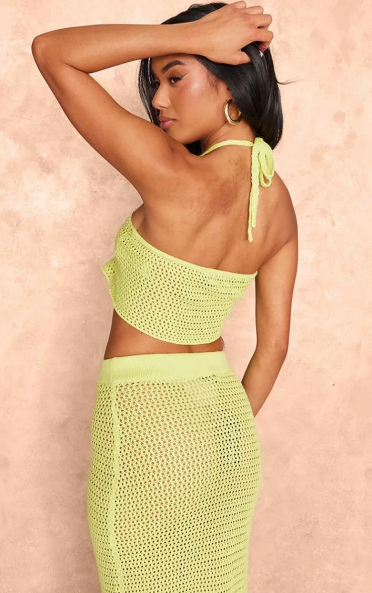 Clearance PrettyLittleThing Crochet Plain Knit Halterneck Crop Top Light Lime