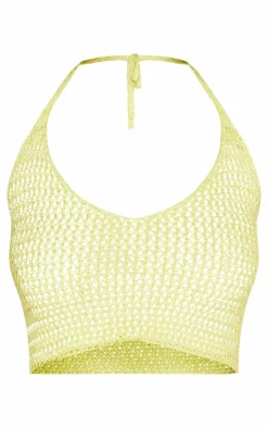 Clearance PrettyLittleThing Crochet Plain Knit Halterneck Crop Top Light Lime