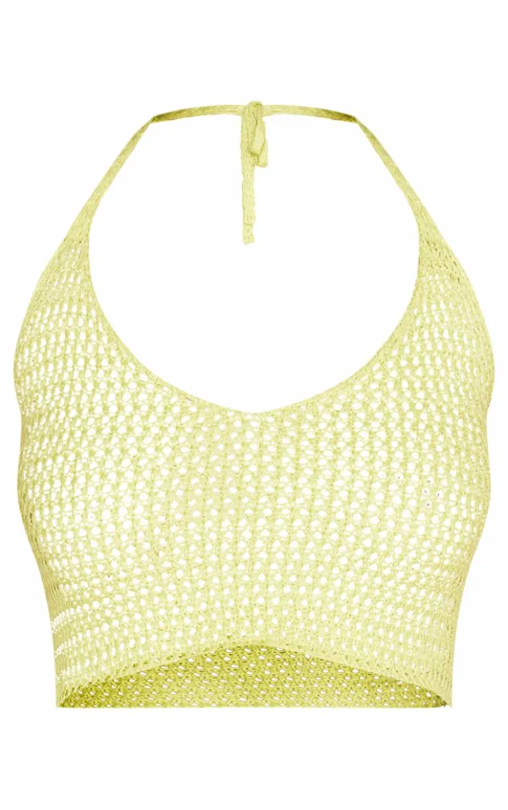 Clearance PrettyLittleThing Crochet Plain Knit Halterneck Crop Top Light Lime