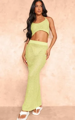 Clearance PrettyLittleThing Crochet Plain Knit Maxi Skirt Light Lime